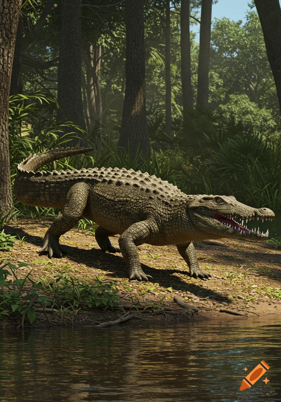 A photorealistic Quinkana, a large prehistoric land crocodile, stands by a river in a lush jungle, mouth open.
