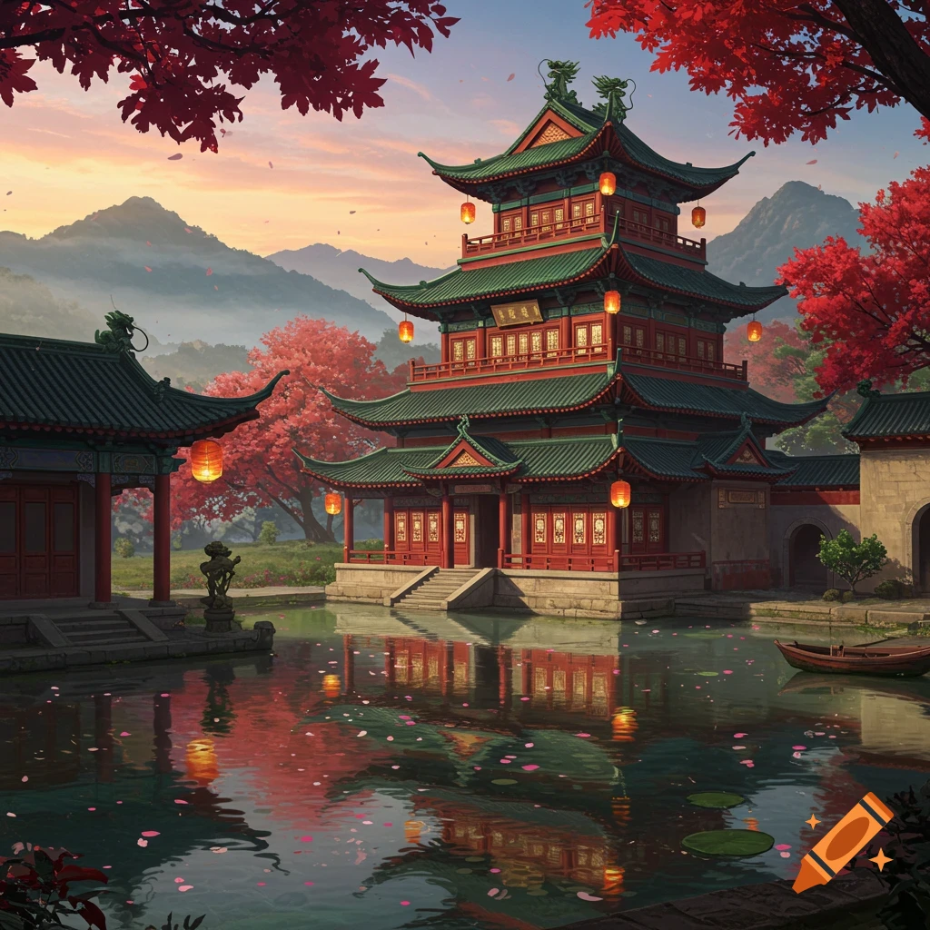 Ancient Chinese pagoda by a reflective pond with red autumn trees and mountains at sunset.