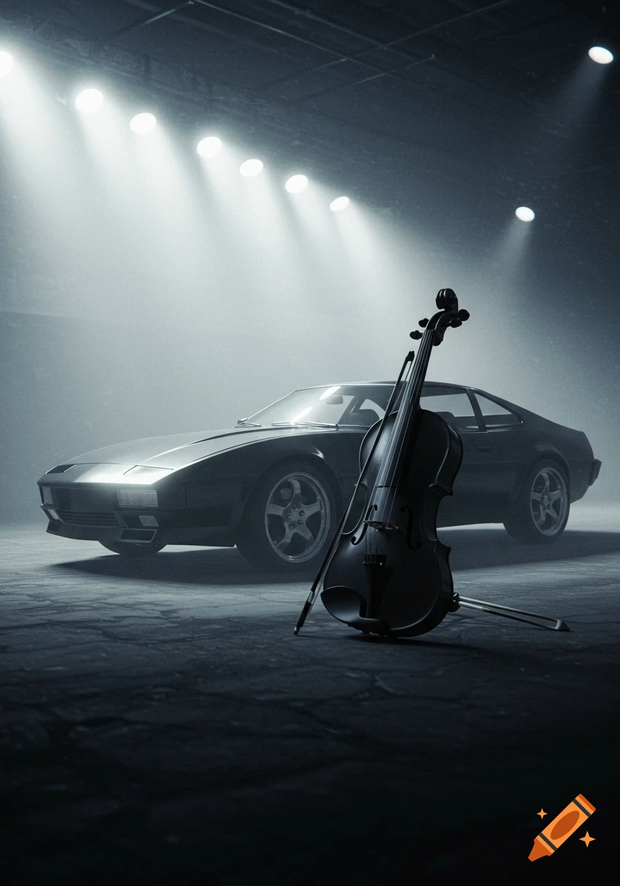 A black sports car is partially visible behind a standing black violin and bow, bathed in dramatic spotlights in a misty, dark environment.