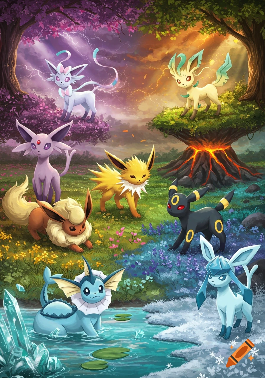 Eevee and its evolutions in a vibrant fantasy landscape with lightning, lava, water, and ice crystals.