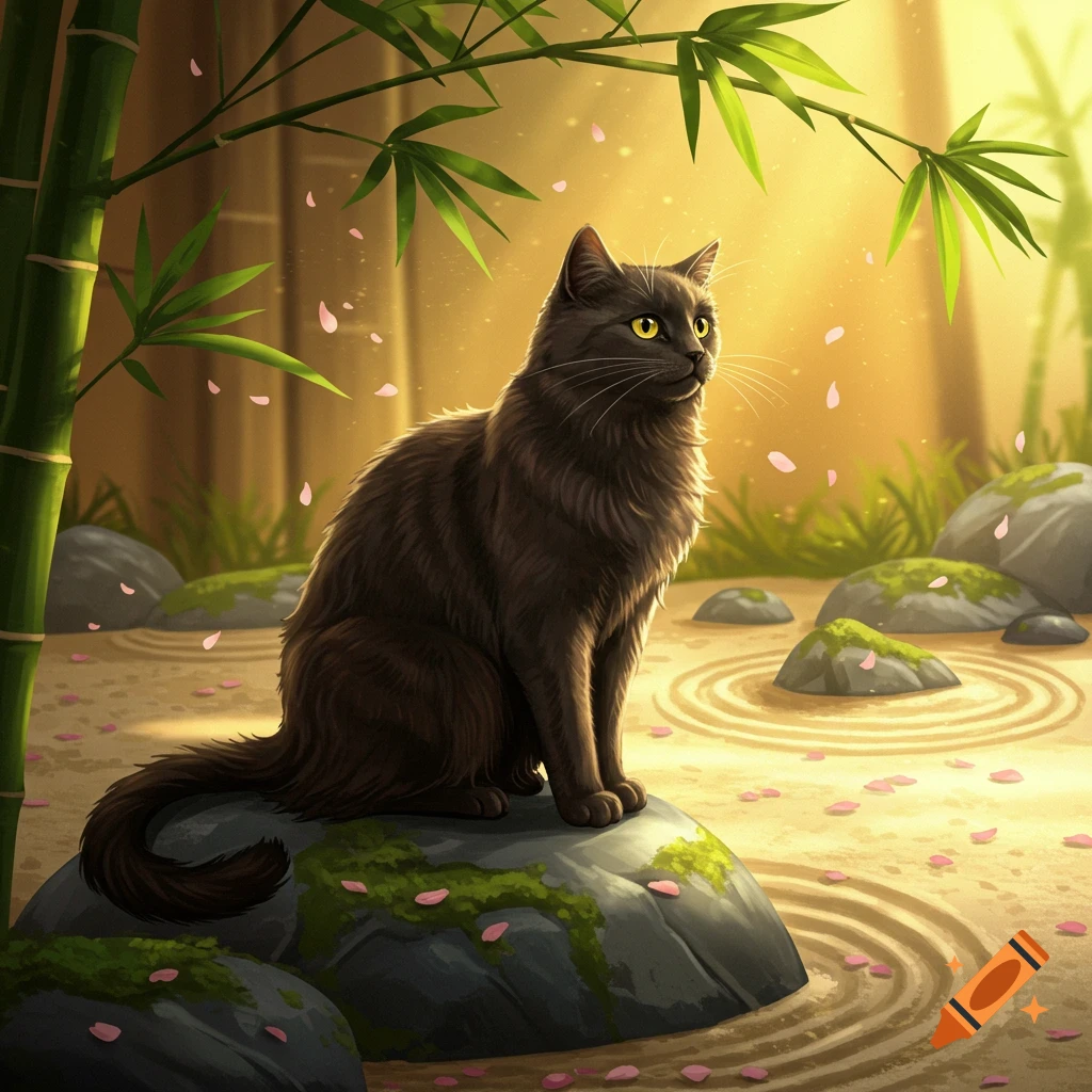 An illustrative dark gray cat sits peacefully on a mossy rock in a sunlit Japanese rock garden with bamboo and pink petals.