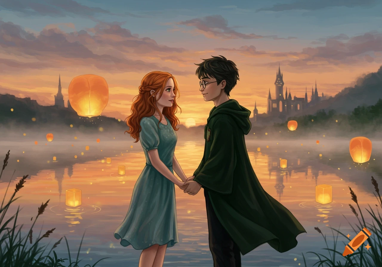 Harry and Ginny holding hands by a misty lake at sunset with floating lanterns and a distant castle. Illustrative style.