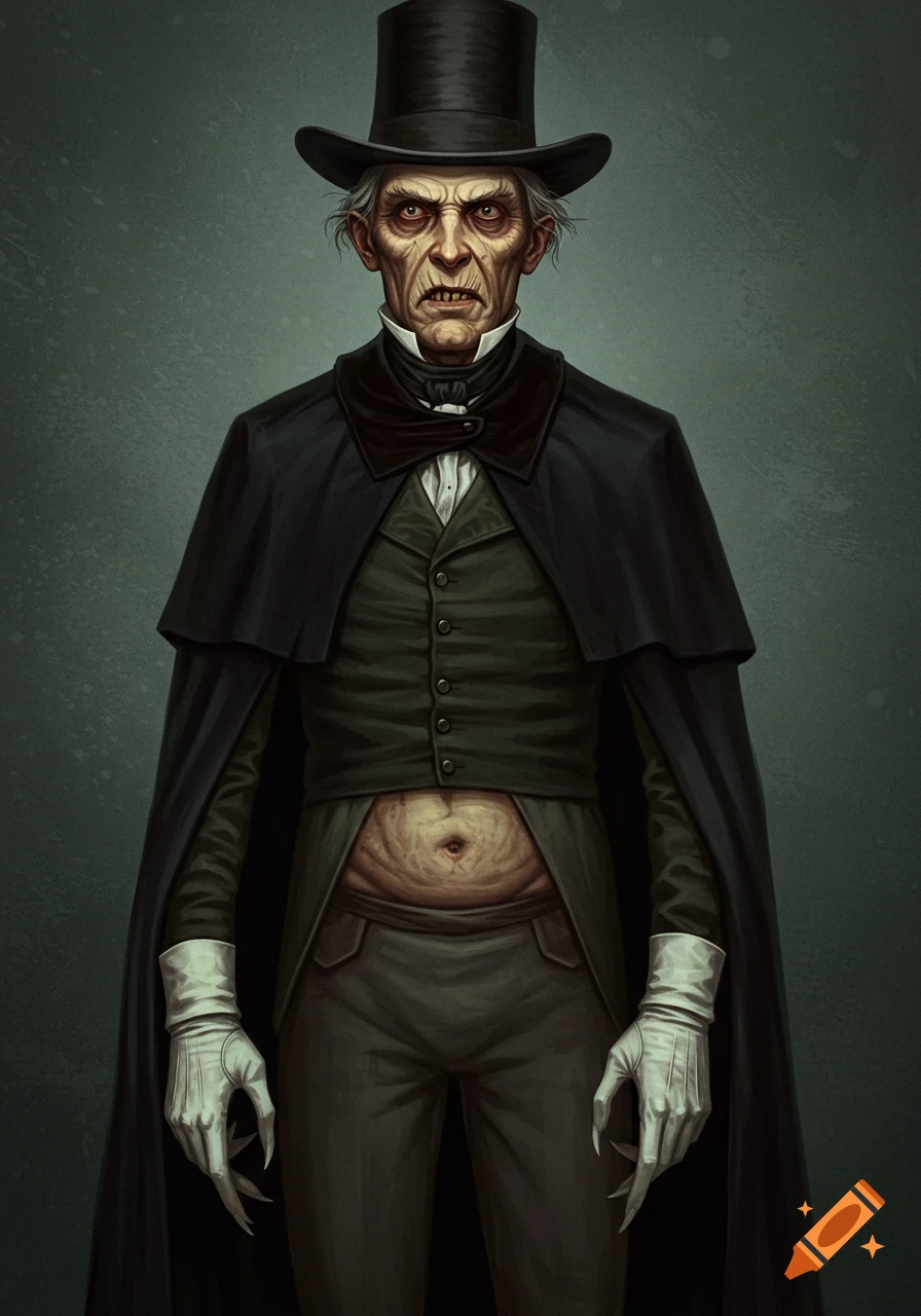 A grotesque, old man with a wrinkled face, sharp teeth, and long, pointed fingers, wearing an 18th-century black cape, top hat, and white gloves.