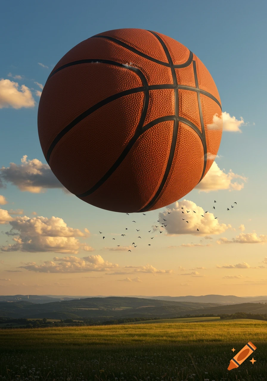 A giant basketball floats in a blue sky with clouds over a green landscape as birds fly below.