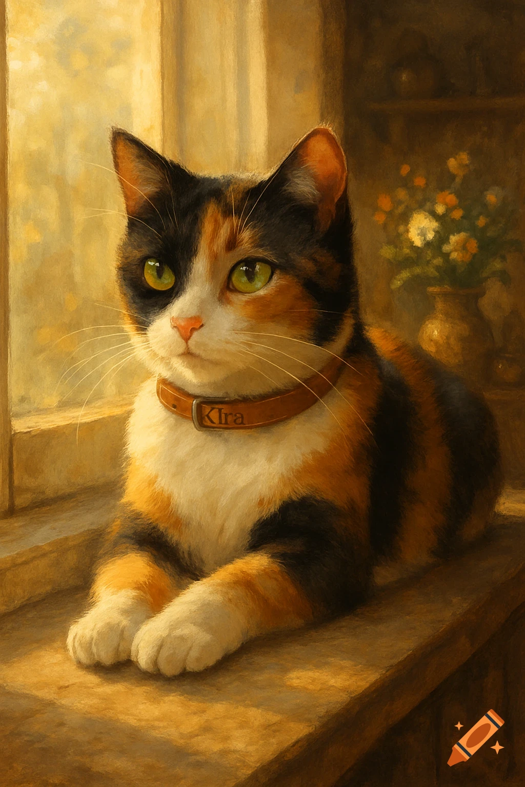 A calico cat with green eyes and a collar with 'Kira' on it, lying on a sunlit windowsill in a painterly style.