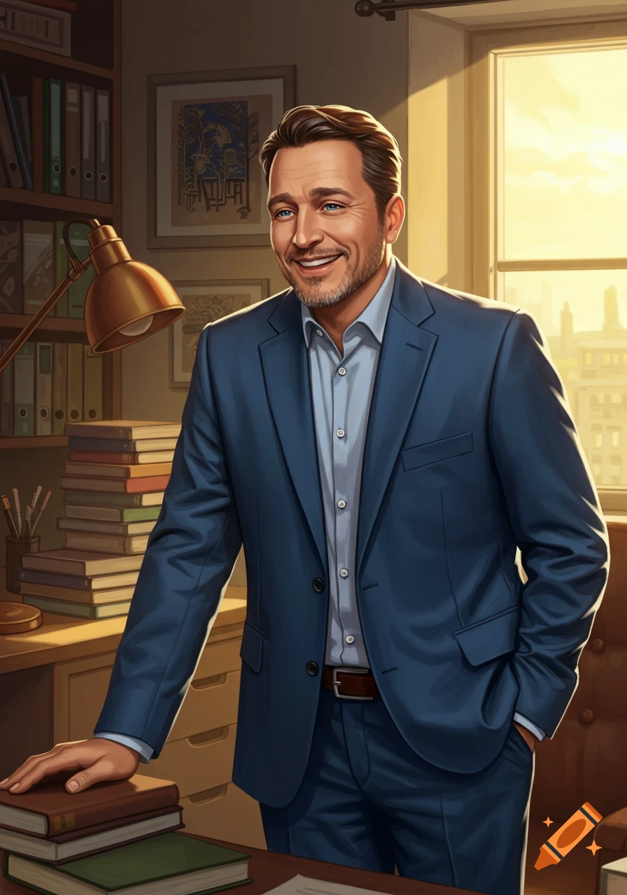 A friendly, professional man in a blue suit smiles while leaning on books in a sunny office.