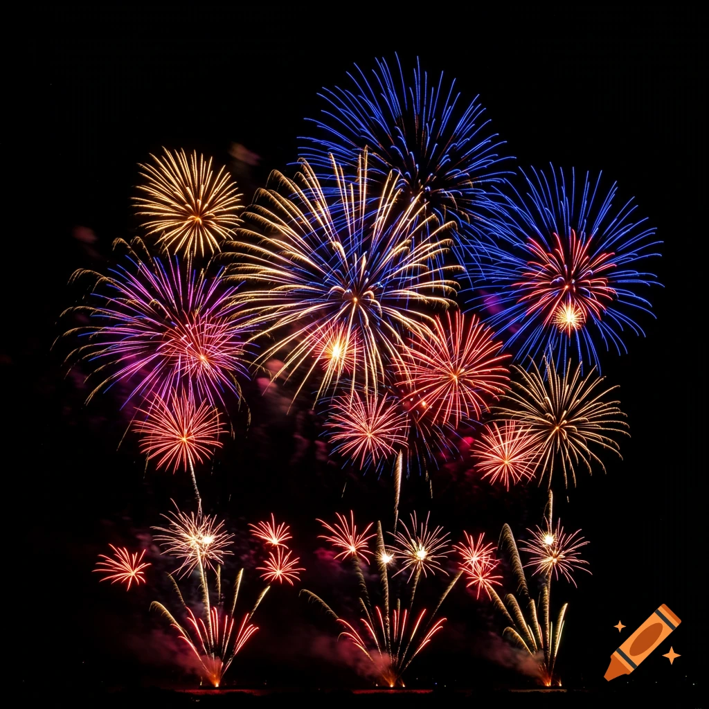 Colorful fireworks explode against a dark night sky, a vibrant photorealistic display.