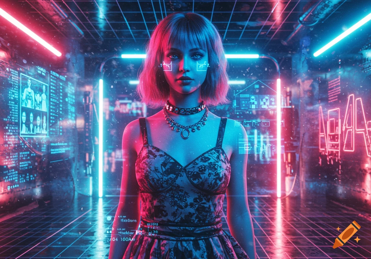 A woman with glowing blue eyes and pink hair stands in a dark, neon-lit cyberpunk room with holographic interfaces.