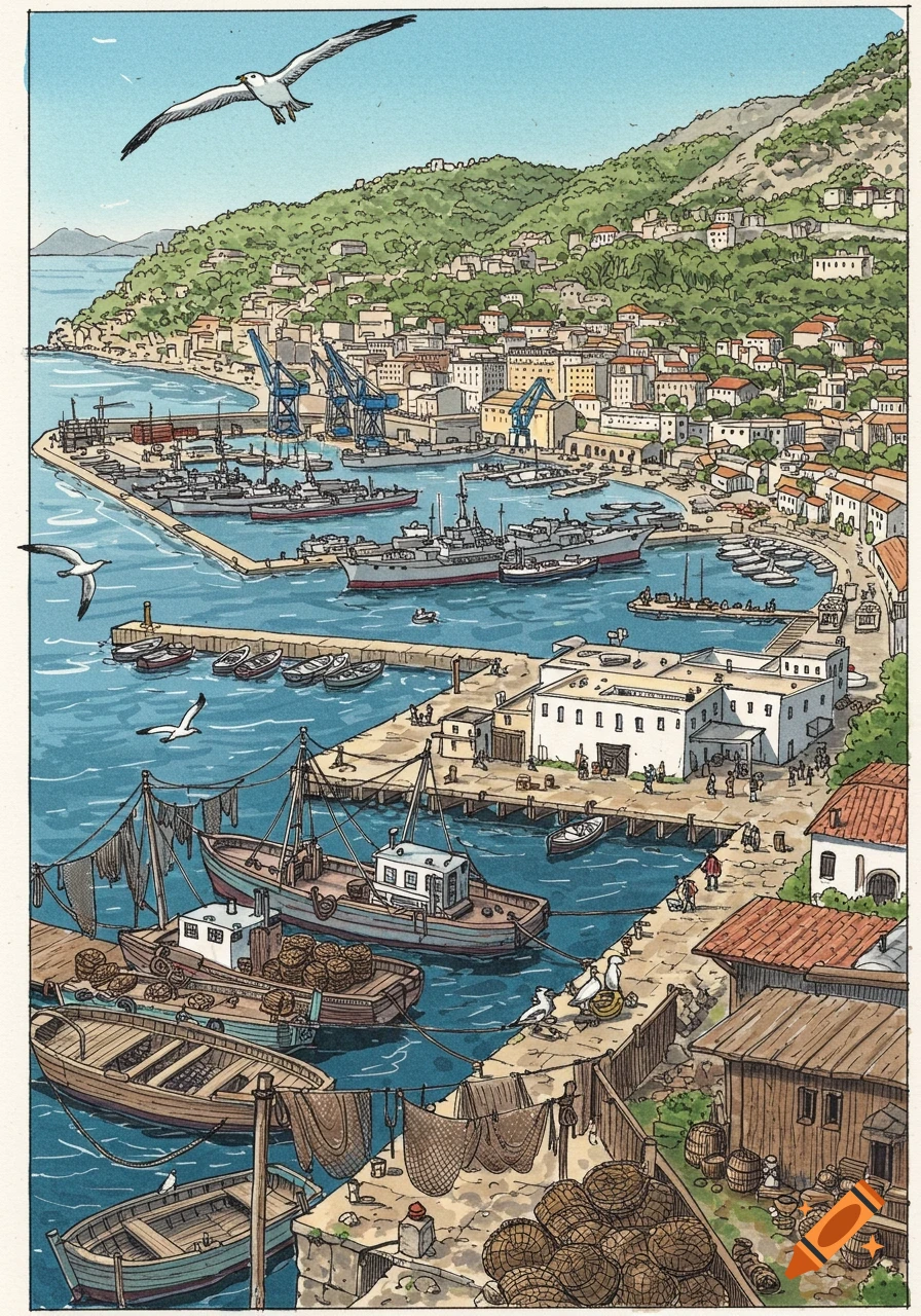 Detailed sketch of a bustling coastal port town with fishing boats, large ships, and buildings on a green hillside under a blue sky.