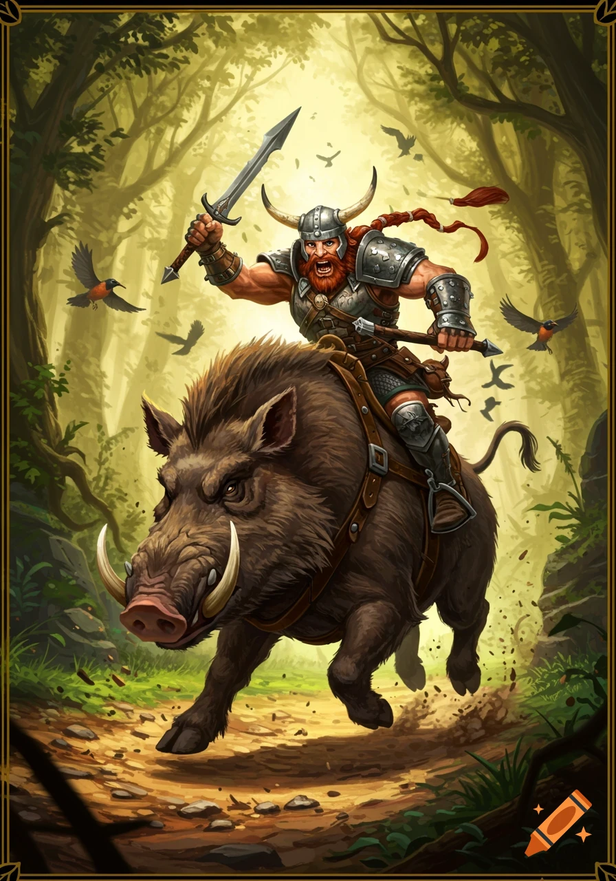 A red-bearded Viking warrior in armor rides a charging wild boar through a sunlit forest, sword raised.