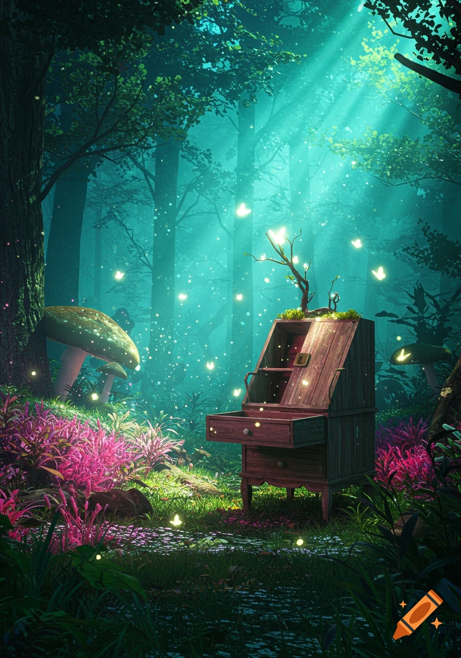 A magical forest scene with a wooden desk, glowing butterflies, vibrant fuchsia plants, and turquoise light rays.