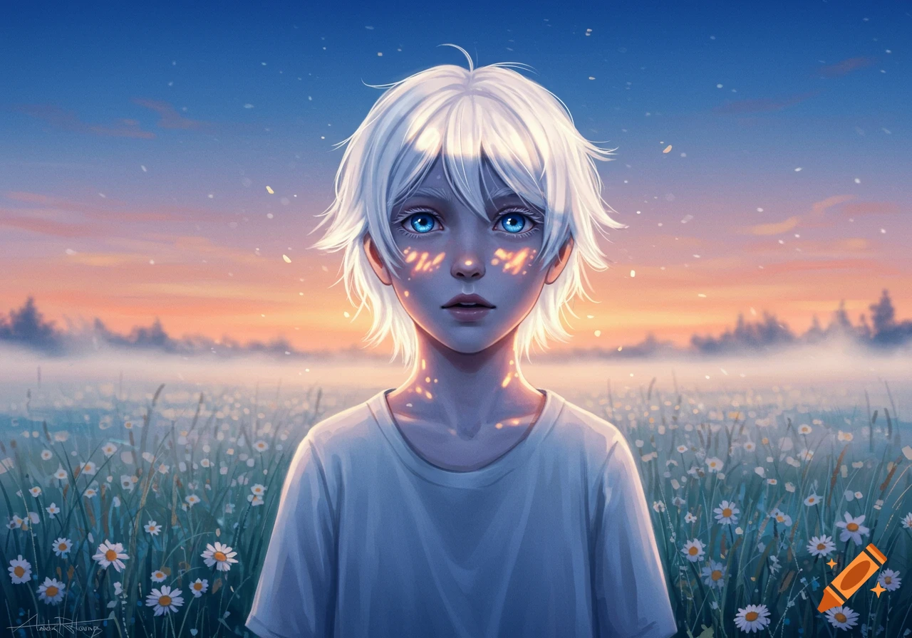 Digital art of a white-haired boy with blue eyes standing in a daisy field at sunset, golden light on his face.