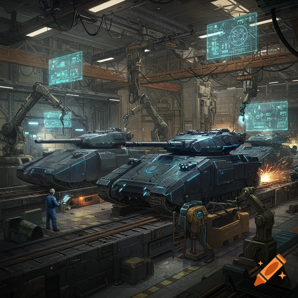 A detailed illustration of a futuristic tank assembly line inside a large industrial facility, with robots and workers constructing advanced tanks.