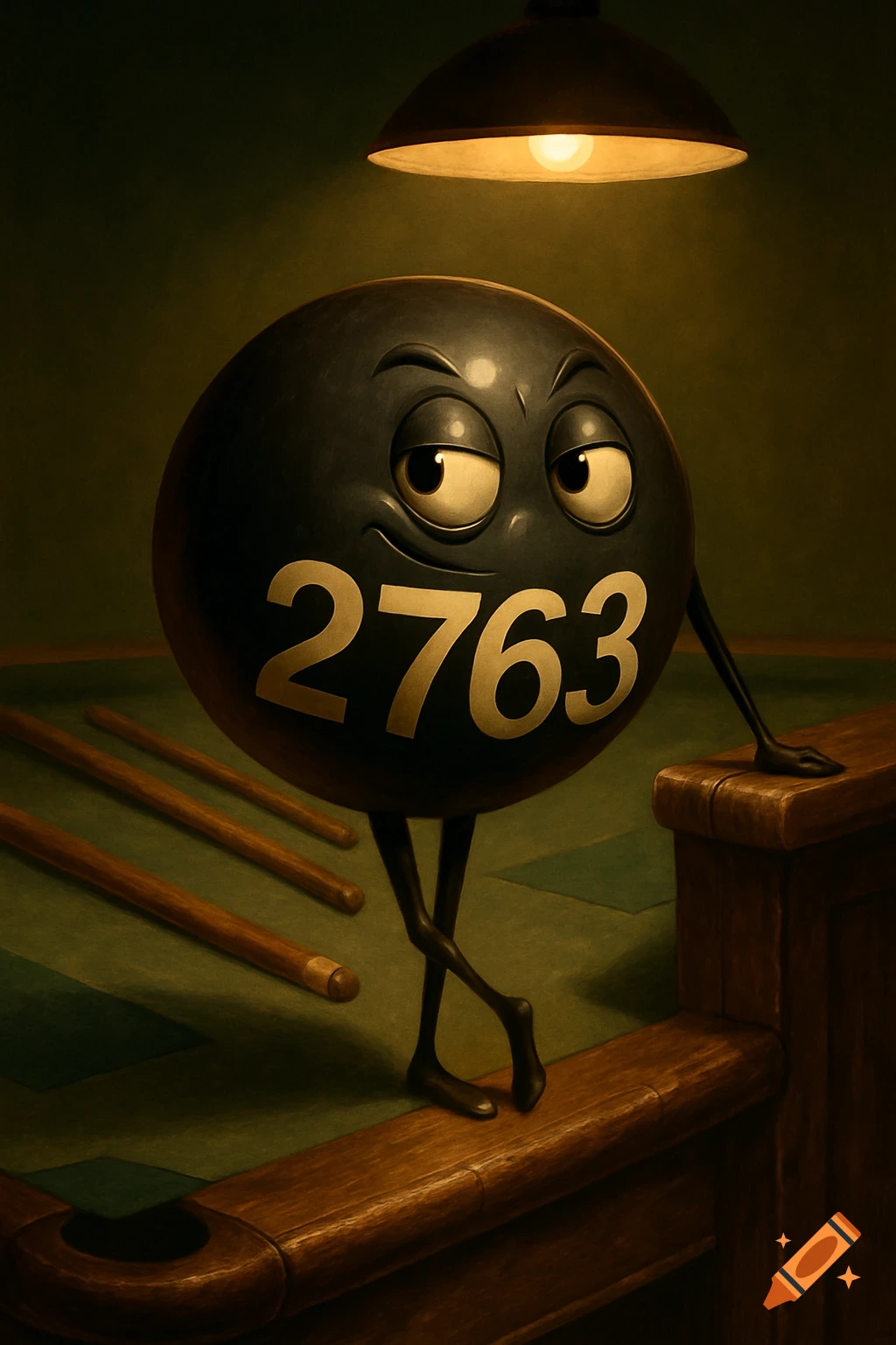 A stylized cartoon black pool ball character with the number 2763, eyes, and limbs, leans on a wooden pool table under a warm lamp.