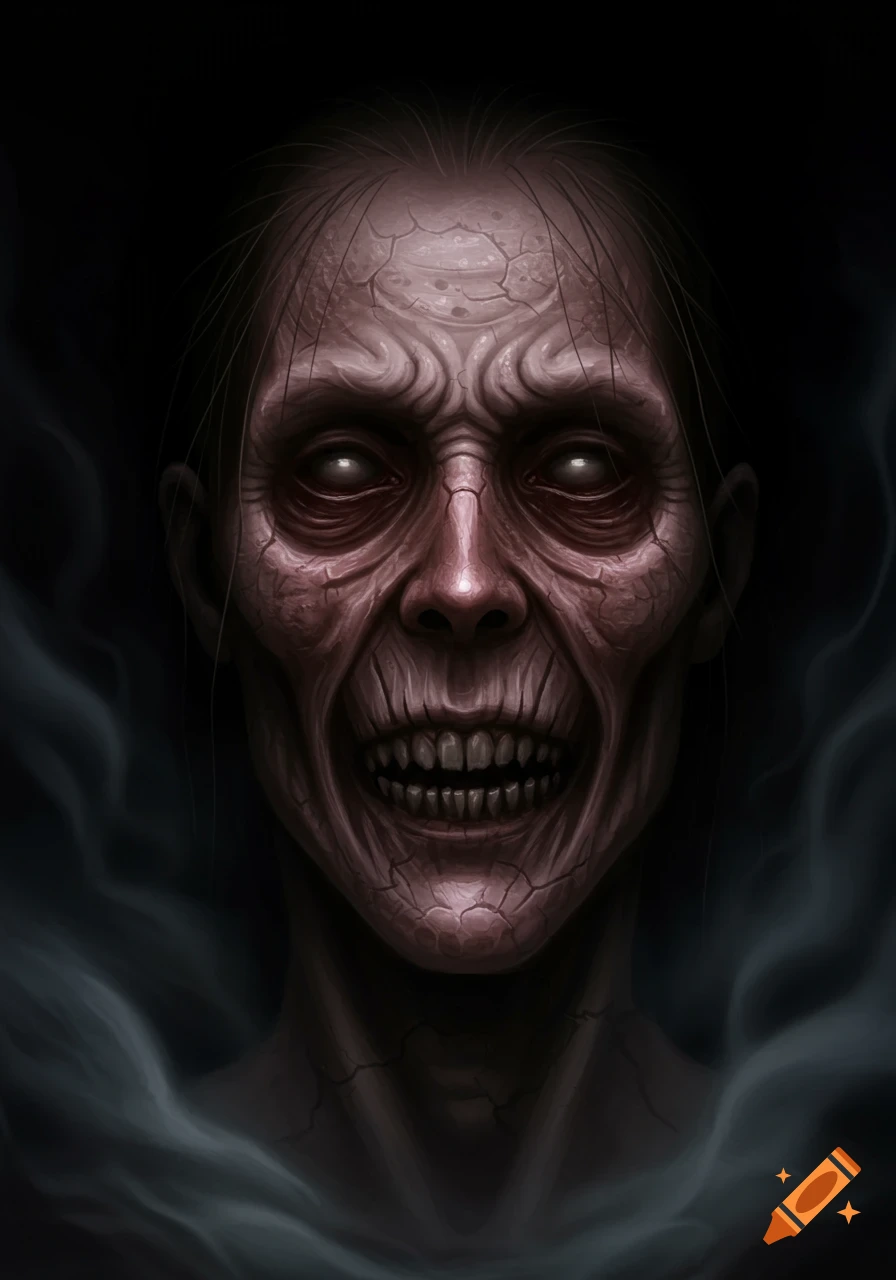 Grotesque, pale, skeletal face with glowing eyes and a wide, toothy grin emerges from dark smoke in a horror illustration.