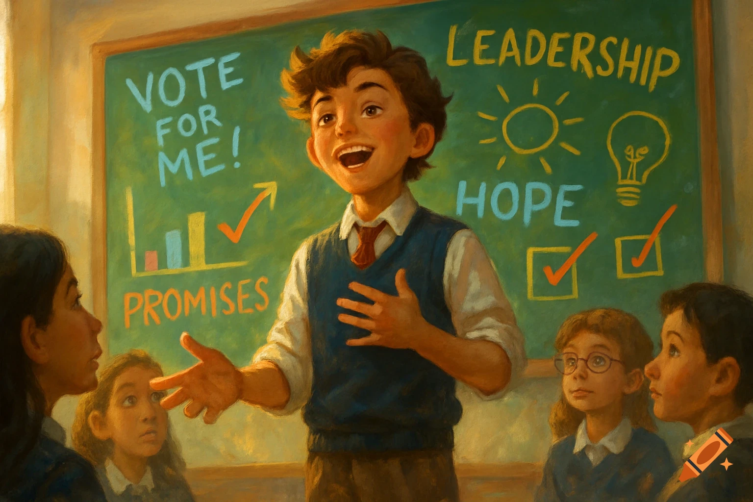 A young boy passionately speaks in a classroom. A chalkboard behind him displays 'Vote for Me!', 'Leadership', 'Hope', and 'Promises'. Others listen.