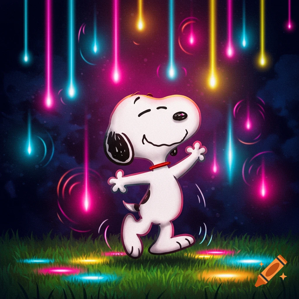 Snoopy the beagle dancing joyfully at night amidst glowing pink, blue, and yellow vertical lights, reflecting on green grass.