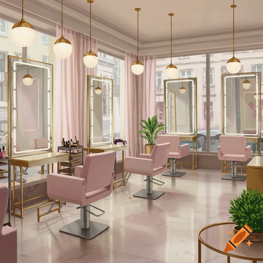 An empty modern beauty salon with pink chairs, gold-framed mirrors with lights, and hanging brass globe lamps.