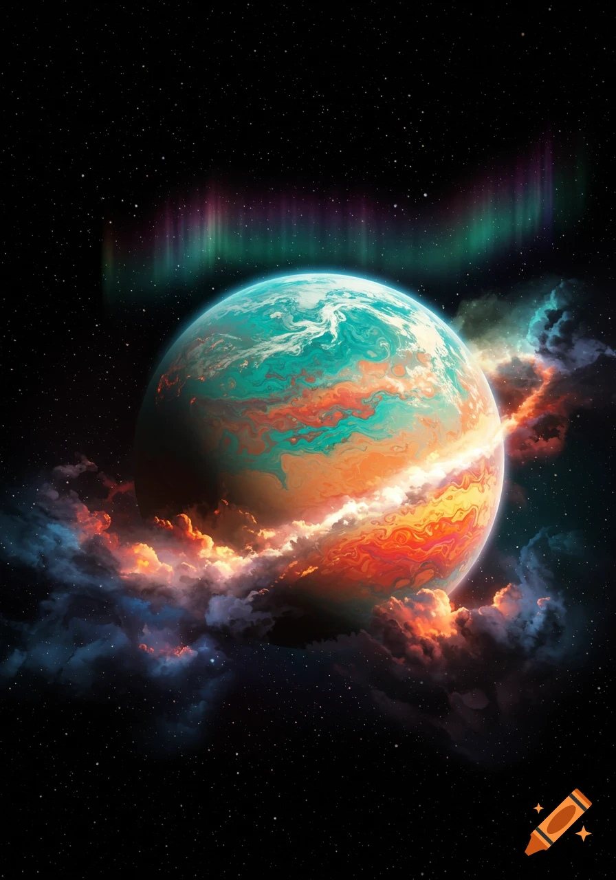 A vibrant, stylized planet with teal, orange, and red swirls, surrounded by colorful cosmic clouds and an aurora in a starry space.
