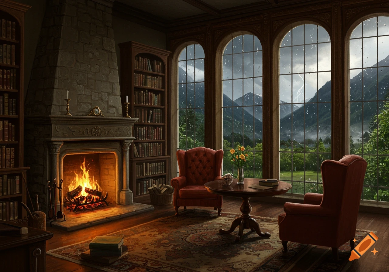 Cozy library room with a lit fireplace, bookshelves, armchairs, and arched windows viewing a rainy mountain landscape with lightning.