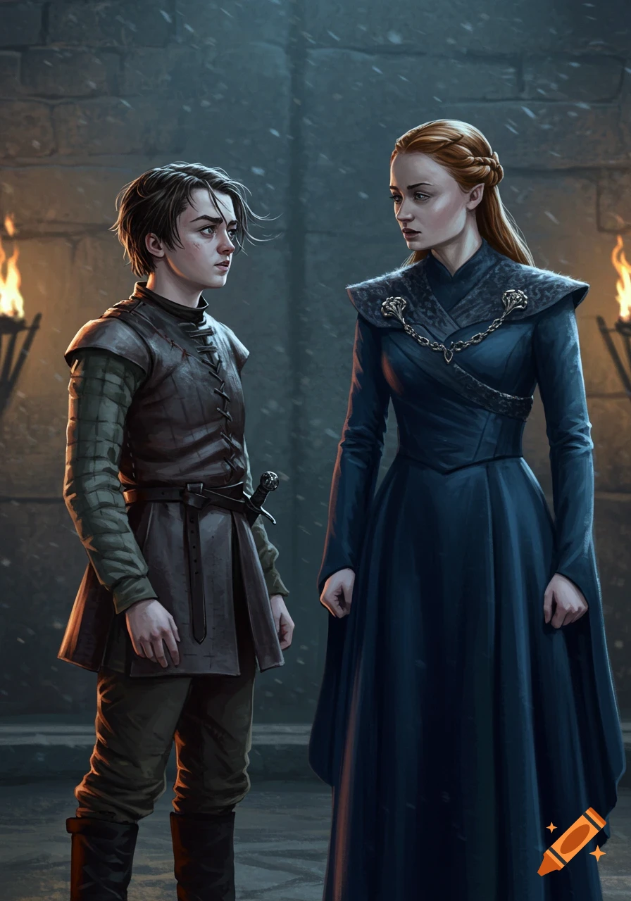 Digital painting of Arya Stark looking up at Sansa Stark in a snowy castle courtyard, torches glowing.