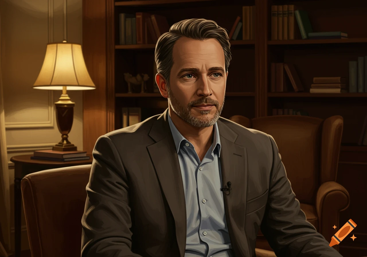 Digital painting of a man with a beard in a suit, sitting in a cozy office with a bookcase and lamp.