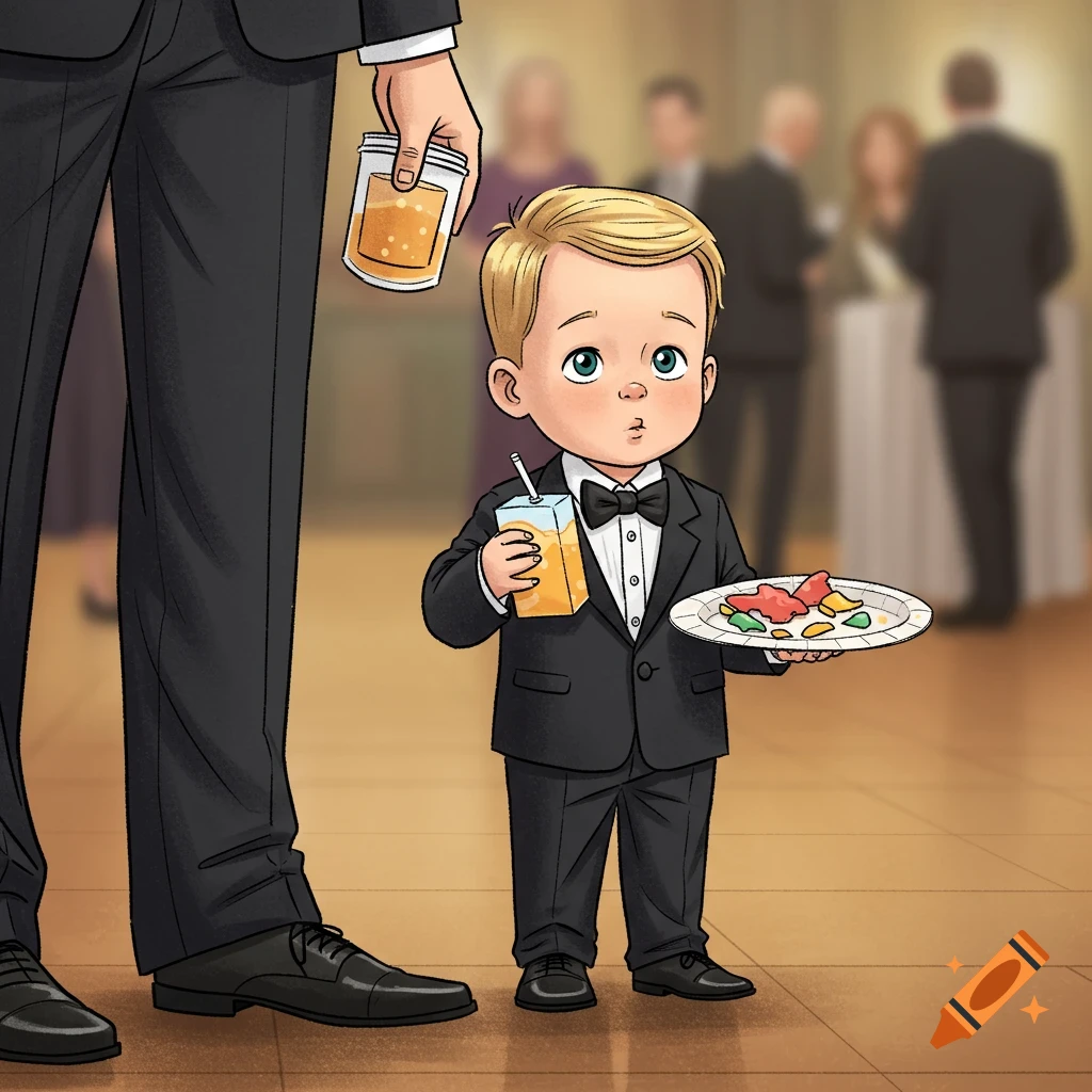 A cute cartoon boy in a tuxedo holds a juice box and a plate of snacks, standing next to his dad's legs at a formal party.
