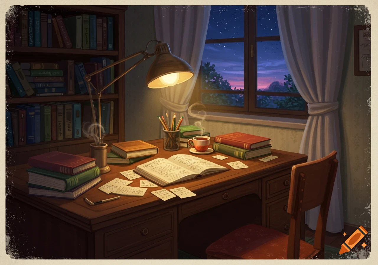 A cozy, warm-lit study desk at night, with an open book, stacks of books, a steaming cup, and a window showing a starry sky. Stylized illustration.