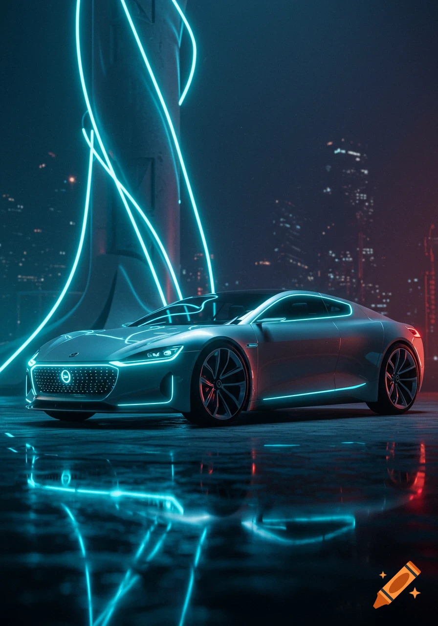 Sleek silver futuristic car with glowing blue neon accents parked on a wet street at night, reflecting a blurry city skyline.