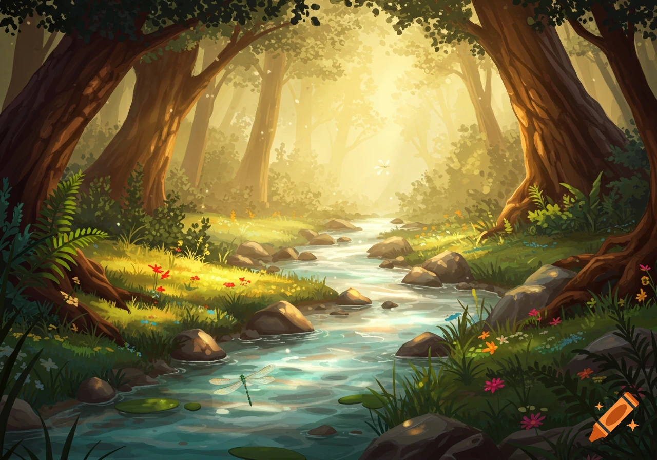 A luminous, stylized forest scene with a winding stream, sun-dappled trees, and colorful flowers.