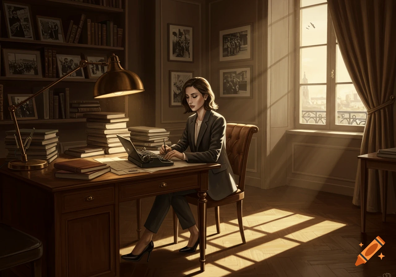 A woman in a suit types on a vintage typewriter at a wooden desk in a sunlit study, surrounded by books, with a city view outside.