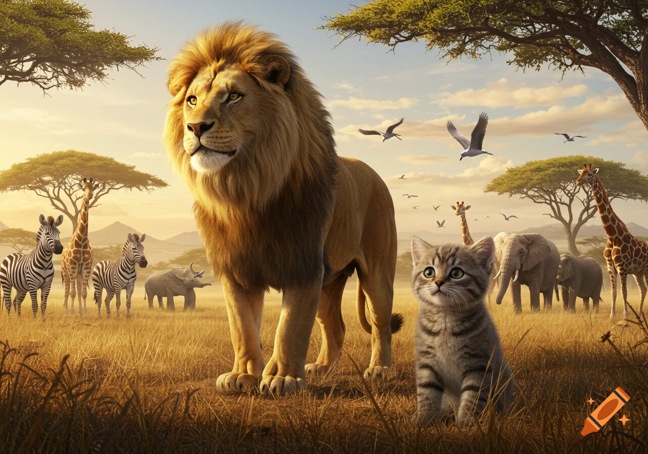 A majestic lion and a cute tabby kitten stand in a golden savannah with zebras, giraffes, and elephants under a soft, cinematic sky.