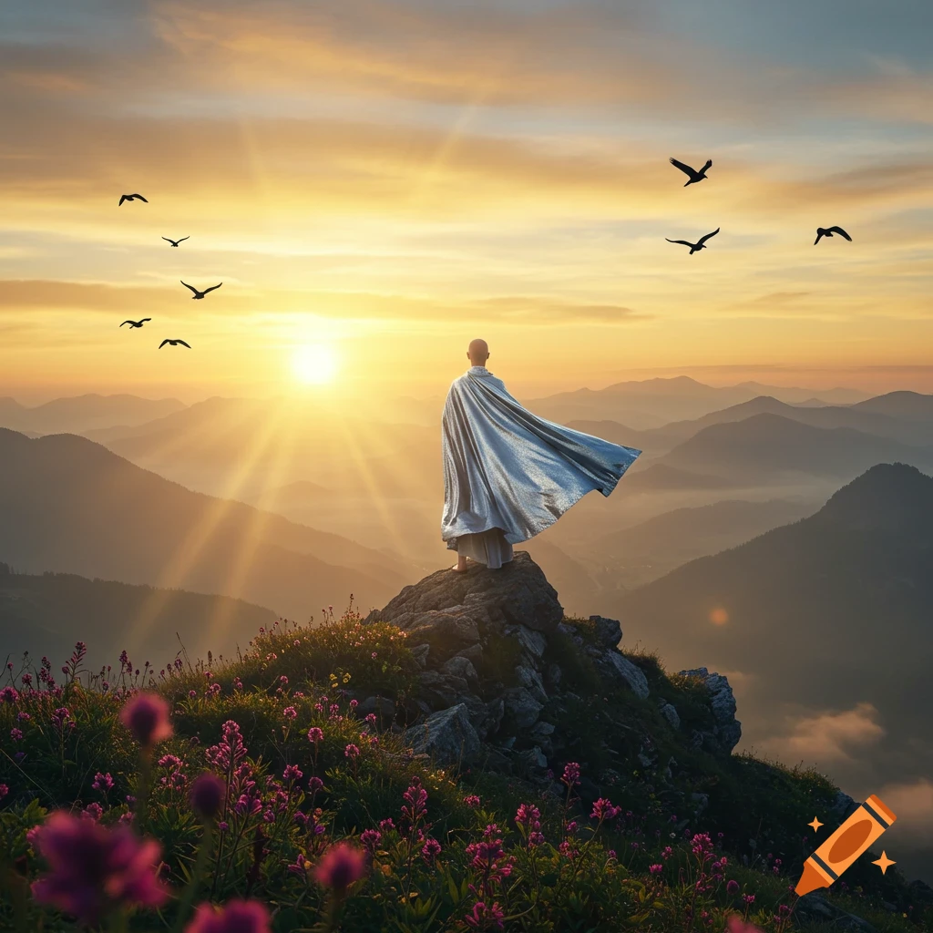 Person in a silver cape stands on a mountain peak, viewing a vibrant sunrise over mountains, with birds flying and purple flowers. Photorealistic.