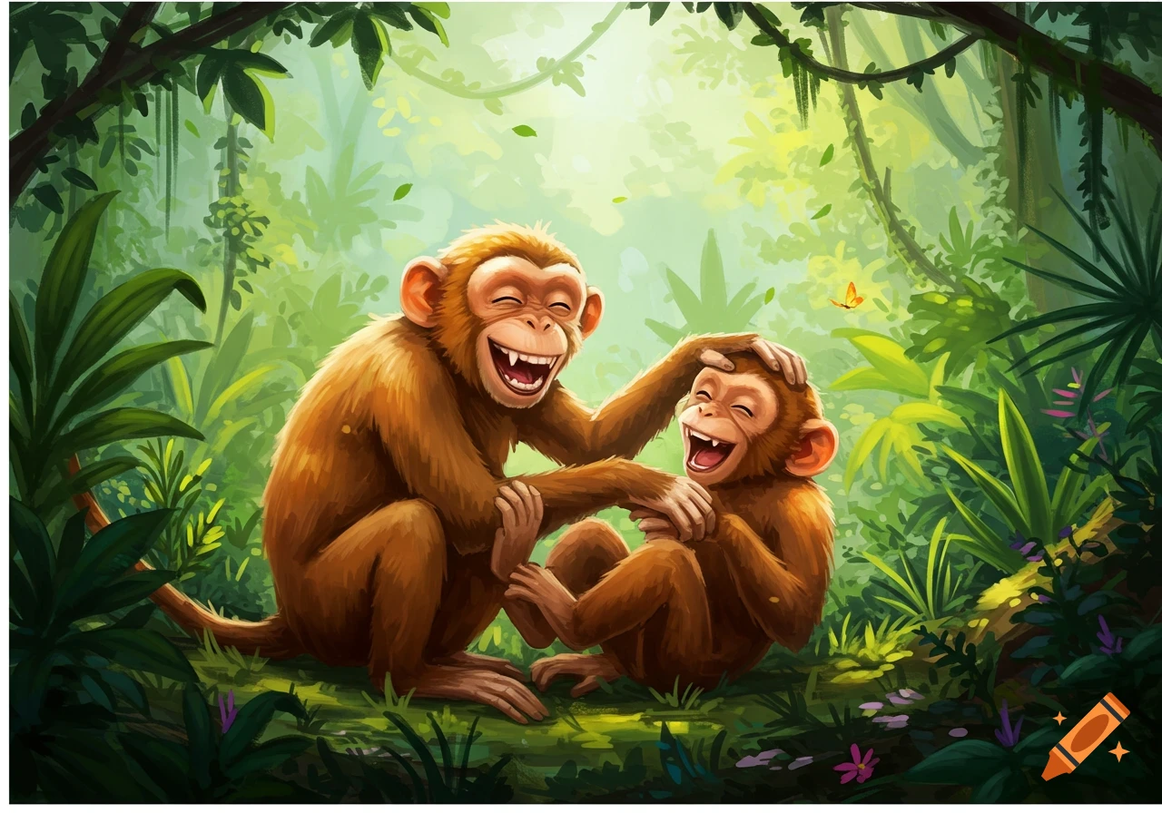 Two happy cartoon monkeys laughing heartily in a lush green jungle, one tickling the other.
