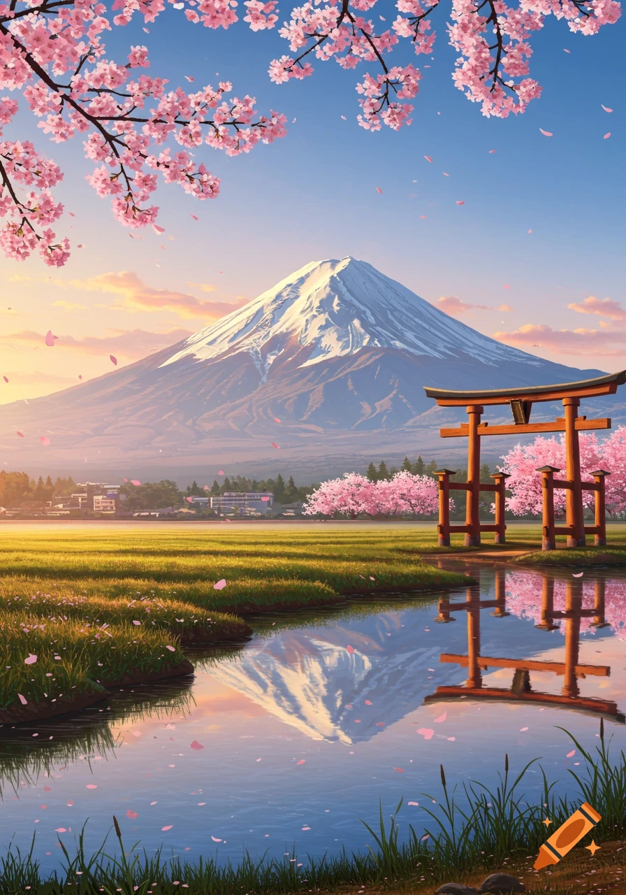 Anime-style Japanese landscape with Mount Fuji, cherry blossoms, and a torii gate reflecting in a river at sunrise.