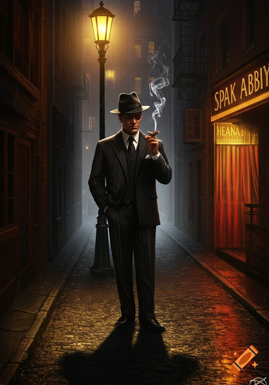 A man in a pinstripe suit and fedora stands in a dark, wet alley under a streetlamp, smoking a cigar, with a neon sign in the background.
