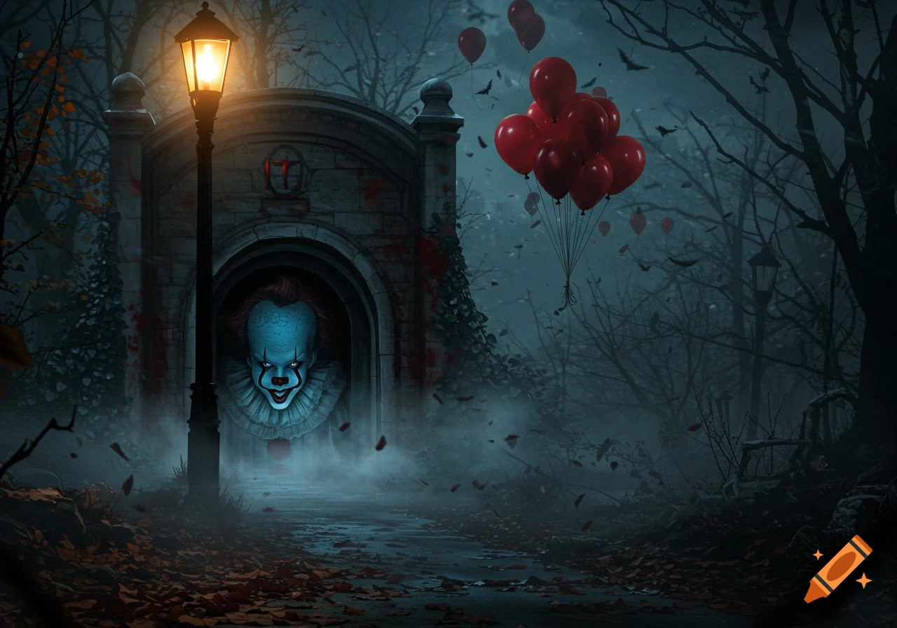 A creepy Pennywise clown in a dark, misty forest archway, illuminated by a streetlamp, with red balloons and bats flying around.