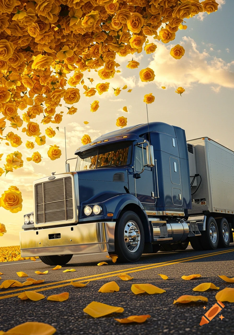 A blue semi-truck drives on a road with yellow roses falling from the sky and scattered on the asphalt at sunset.