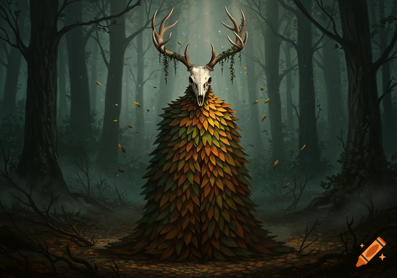 A fantasy creature with a deer skull and antlers, its body a cloak of leaves, in a dark, misty forest.