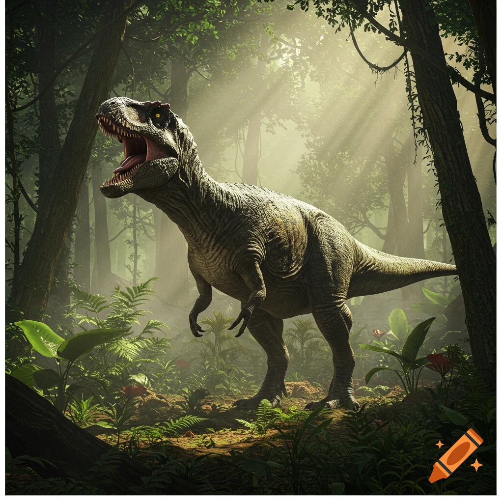 Photorealistic Tyrannosaurus Rex roaring with its mouth open in a lush, sunlit prehistoric jungle.