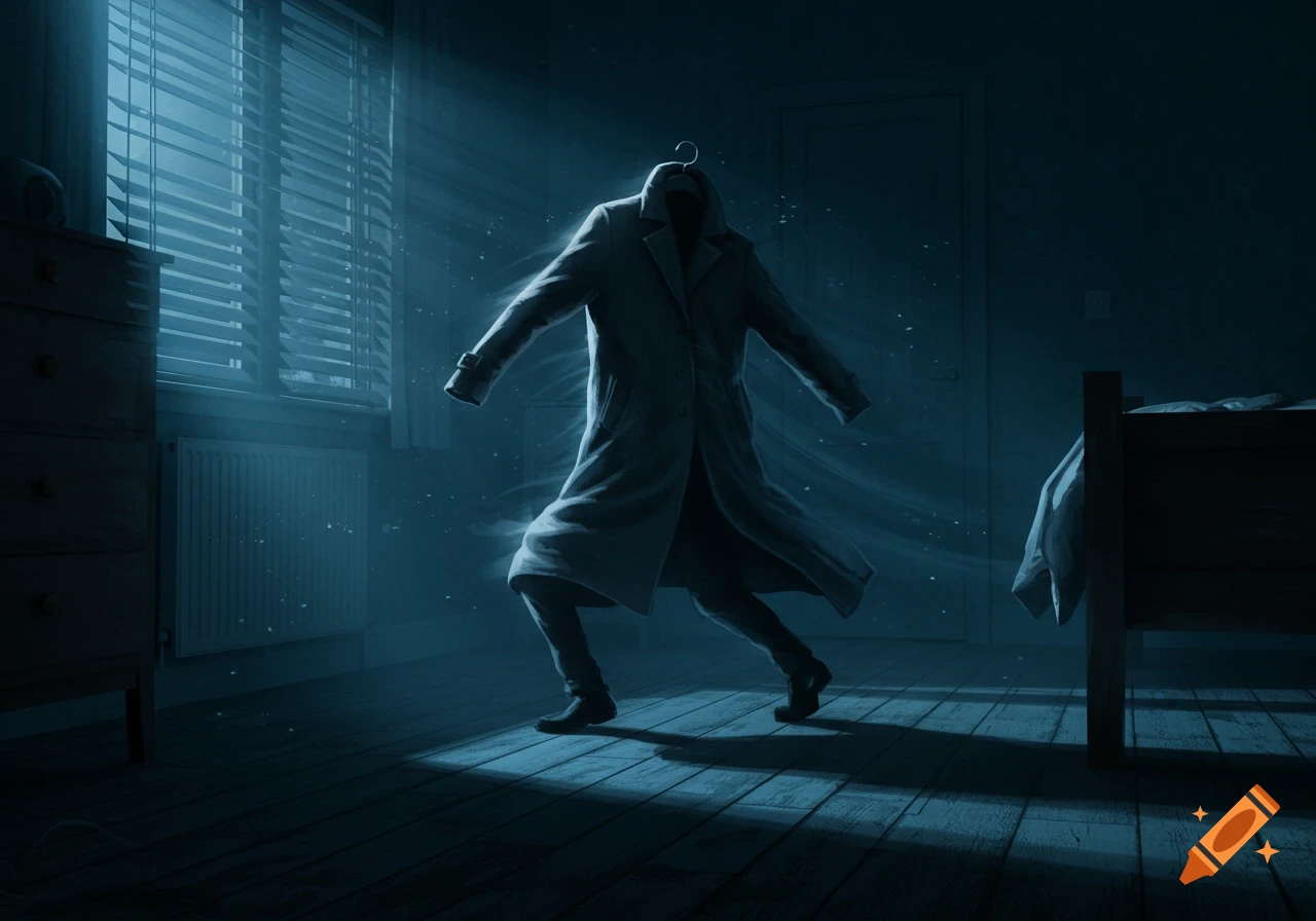 A dark, surreal image shows an animated trench coat and pants on all fours running across a shadowy bedroom floor, lit by moonlight.