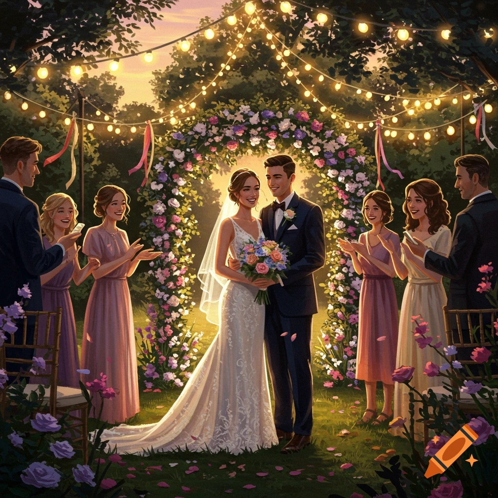 Illustrated wedding scene with a bride and groom embracing under a floral arch and string lights at sunset, guests clapping.