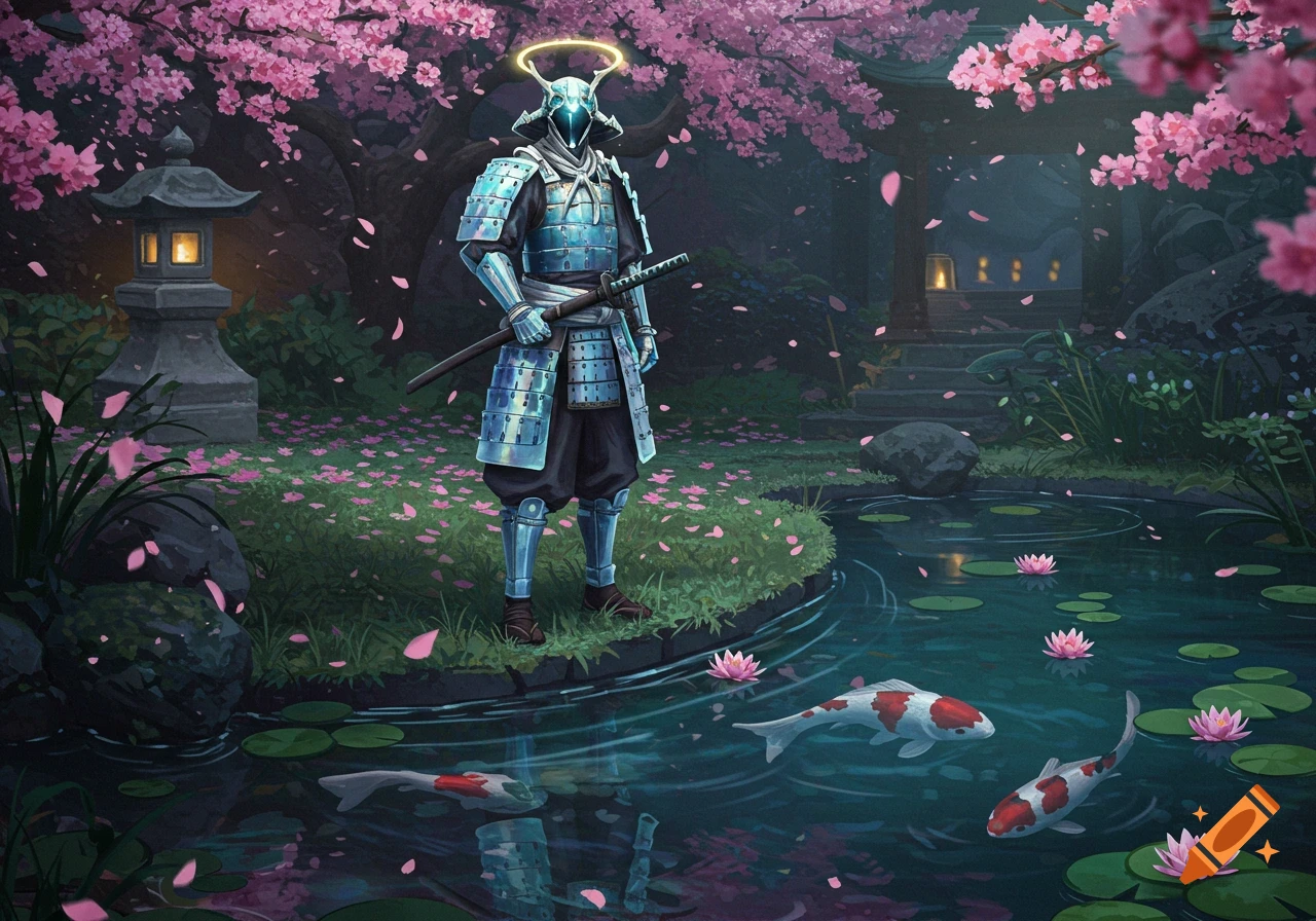 A futuristic samurai with a halo stands in a cherry blossom Japanese garden beside a koi pond with water lilies.