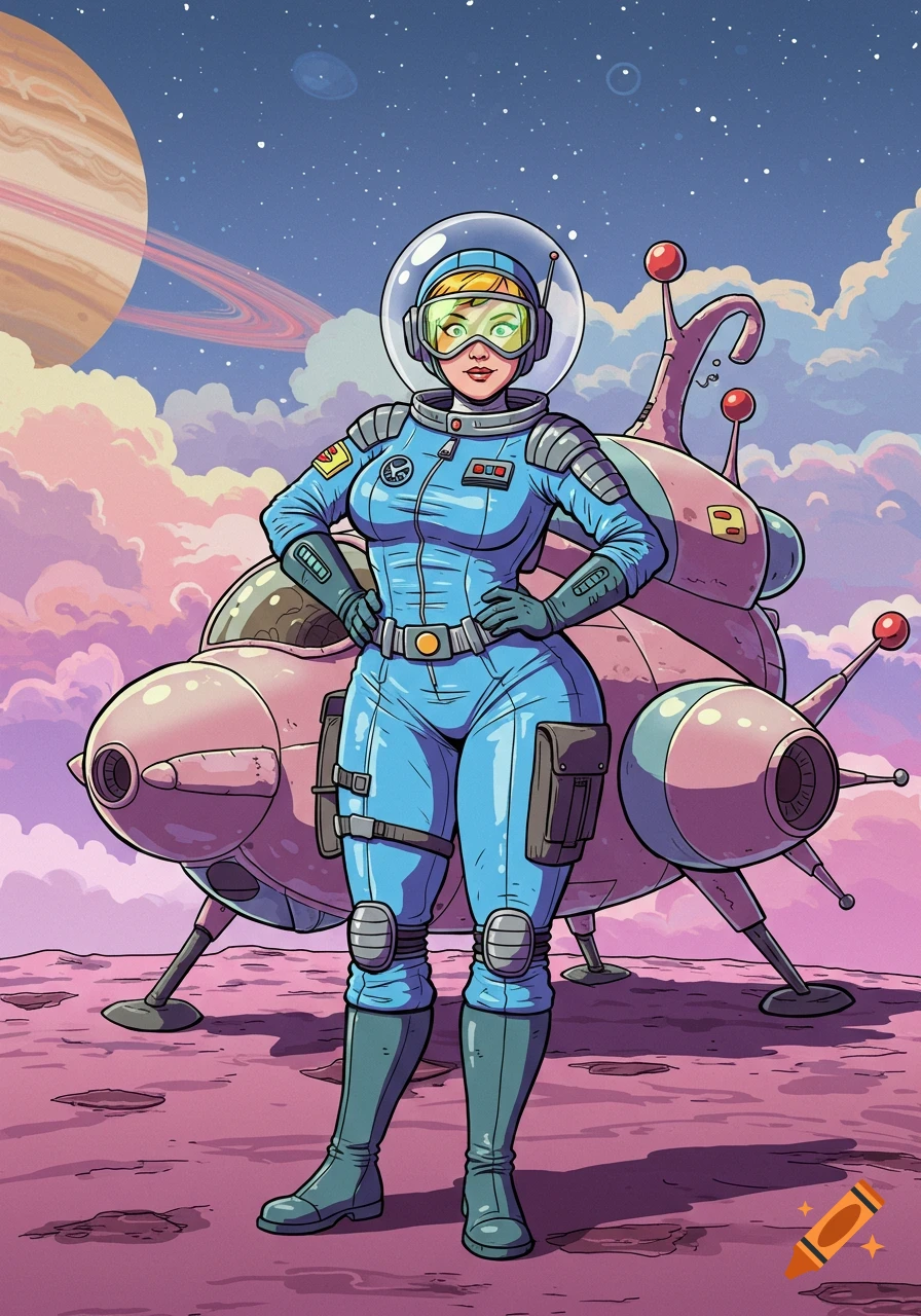 A confident female space rogue in a blue spacesuit stands before her pink spaceship on an alien planet, cartoon style.