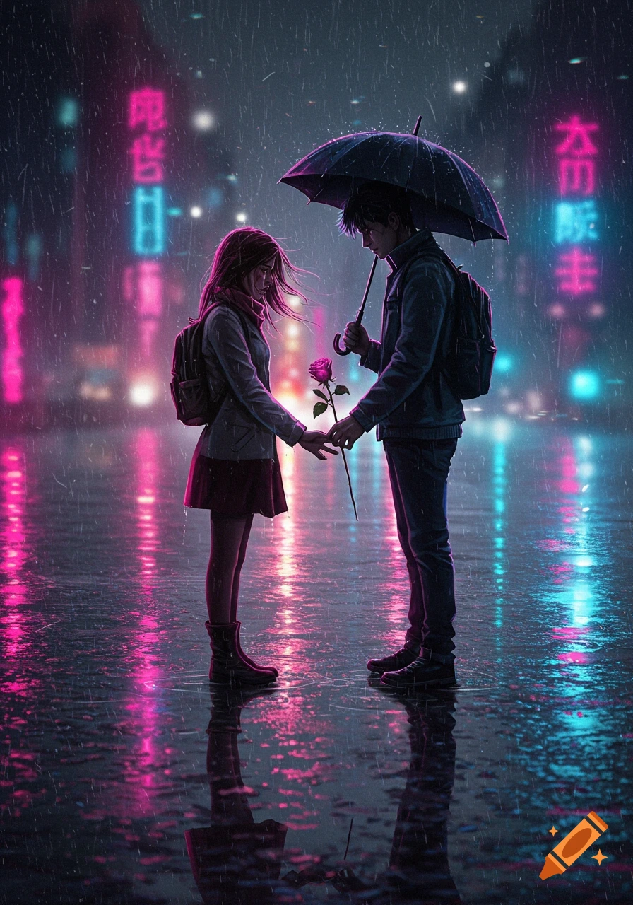 Anime-style couple exchanging a rose in the rain on a neon-lit city street, with reflections on the wet ground.