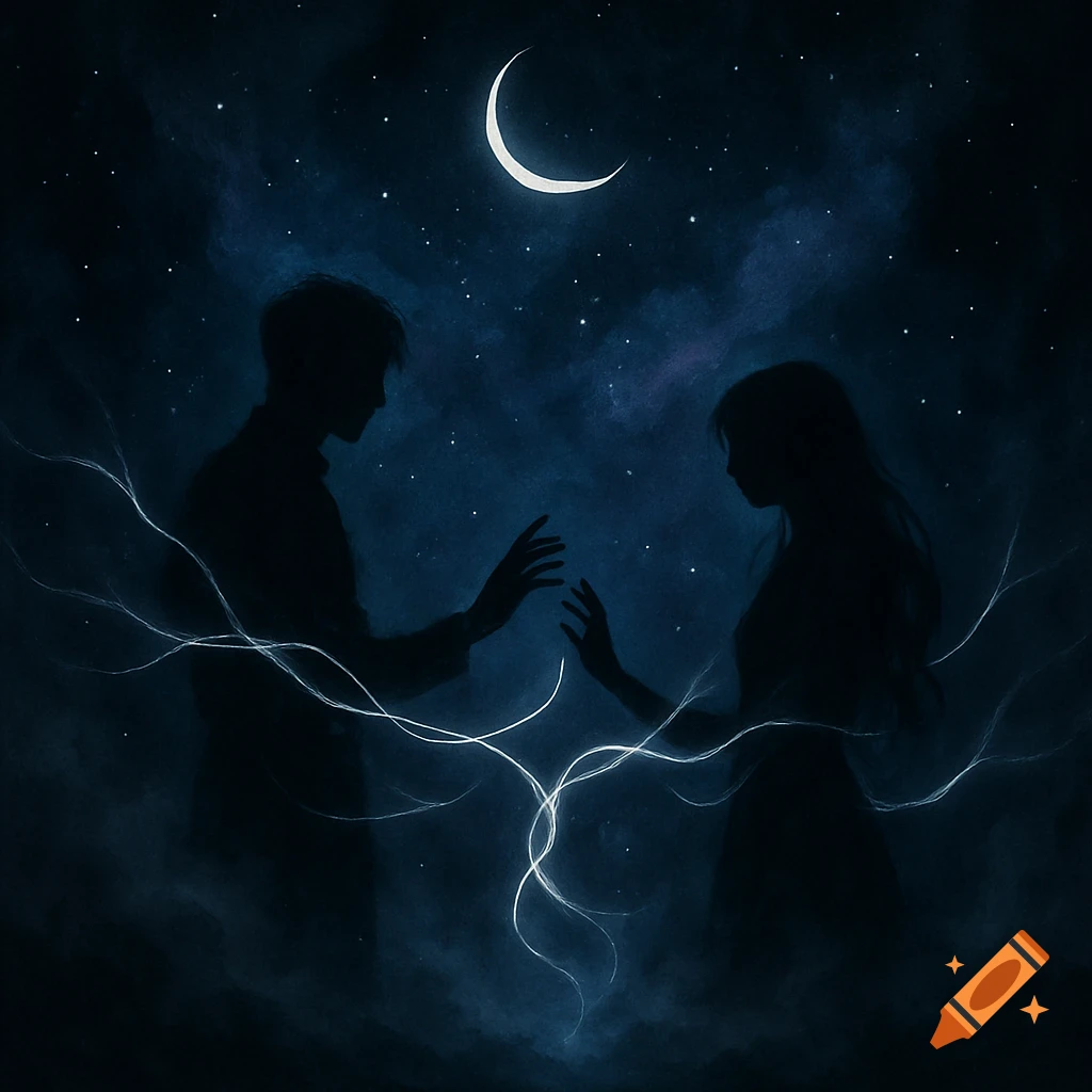 Stylized illustration of a man and woman's silhouettes reaching towards each other under a crescent moon and starry night sky, with glowing ethereal lines.