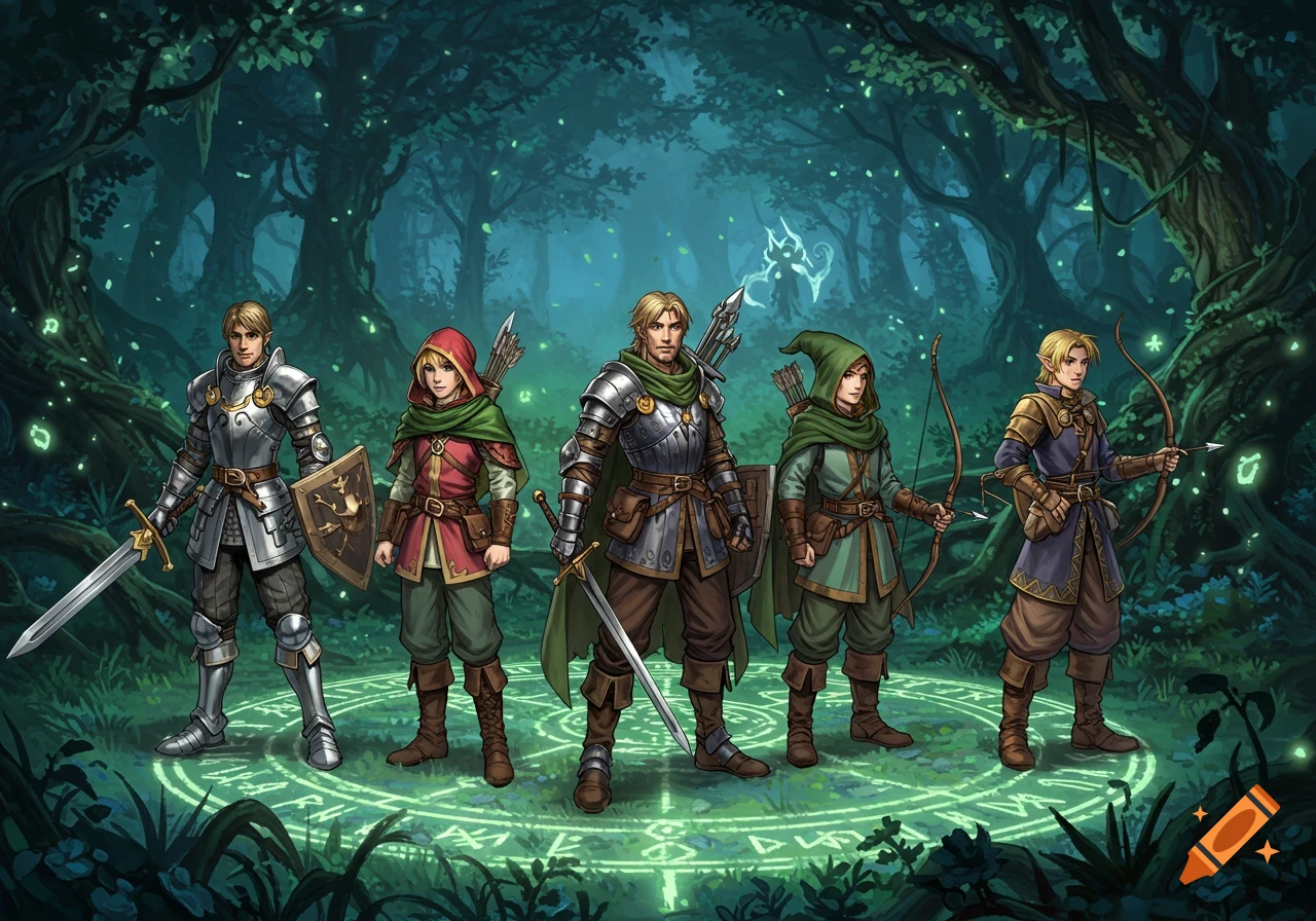 Five JRPG-style fantasy adventurers, including knights and archers, stand  in a magical forest with glowing runes on the ground. on Craiyon, image size:1280x896