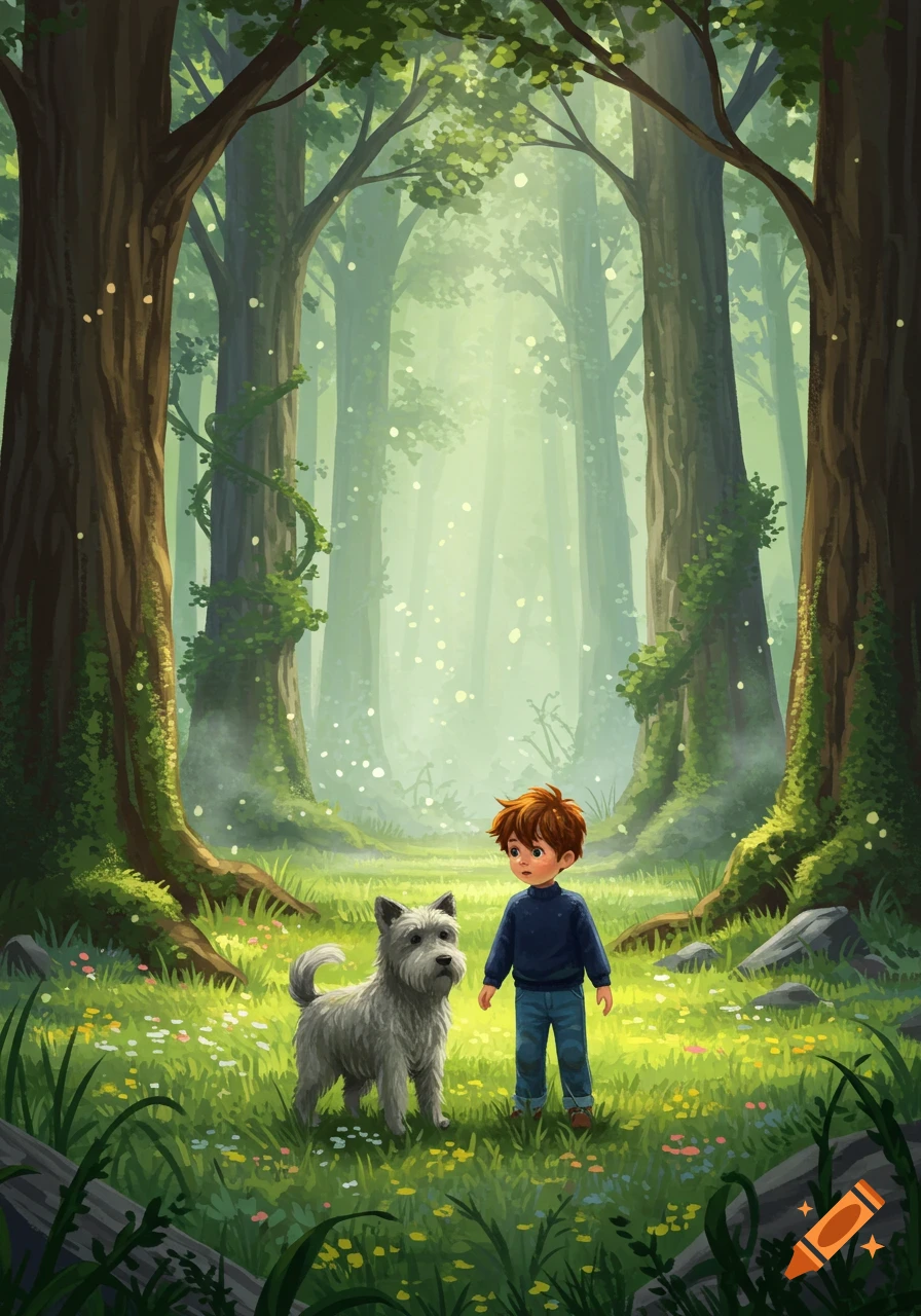 An illustration of a boy and a grey dog in a bright, misty green forest with tall trees and glowing particles.