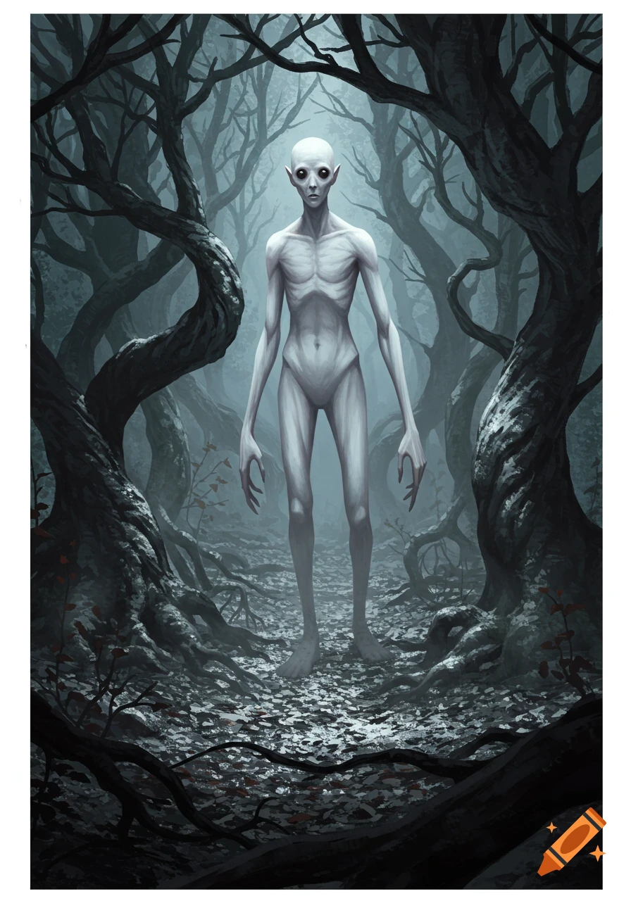 A tall, pale, gaunt humanoid with large black eyes stands in a dark, misty forest of gnarled trees.