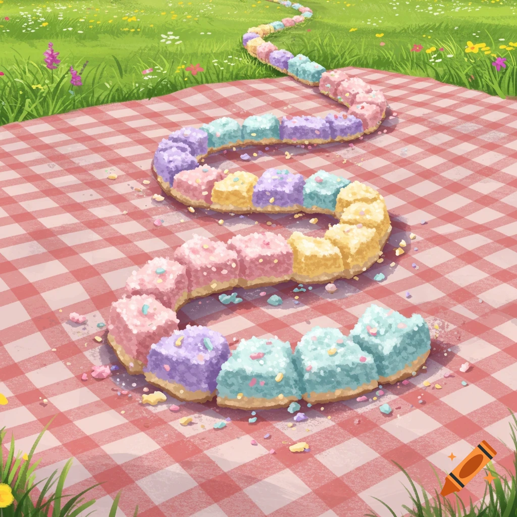 A colorful, segmented cake crumb trail winds across a red-and-white checkered picnic blanket in a grassy field.